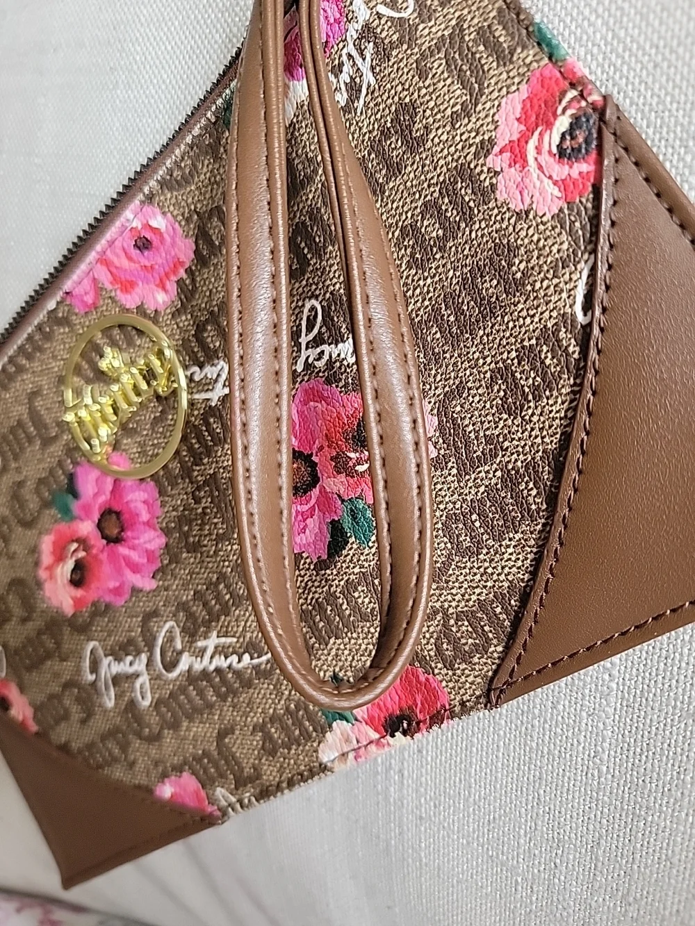 Floral Brown Wristlet Clutch with Gold Emblem - Picture 6 of 11